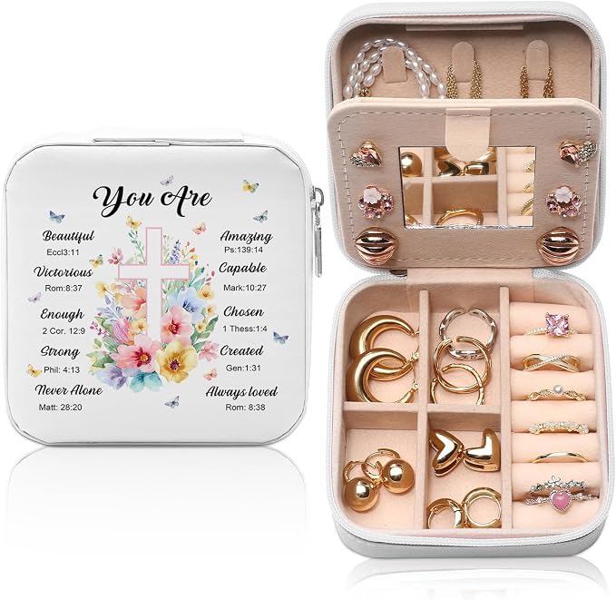 GAOLZIUY Christian Bible Verse Travel Jewelry Box, Baptism Religious Faith Spiritual Inspirational Gifts for Women Teen Girls, Flowers Portable Jewelry Organizer Storage Case by GAOLZIUY