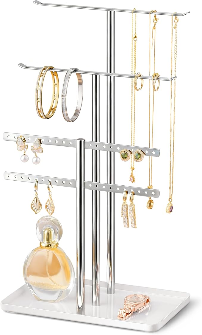 pickpiff Silver Jewelry Stand Holder Organizer: 14.5" Sturdy Hanger for 80 Pcs Jewelry, Jewlery Tower for Display Necklace, Earring, Bracelet, Watch by pickpiff