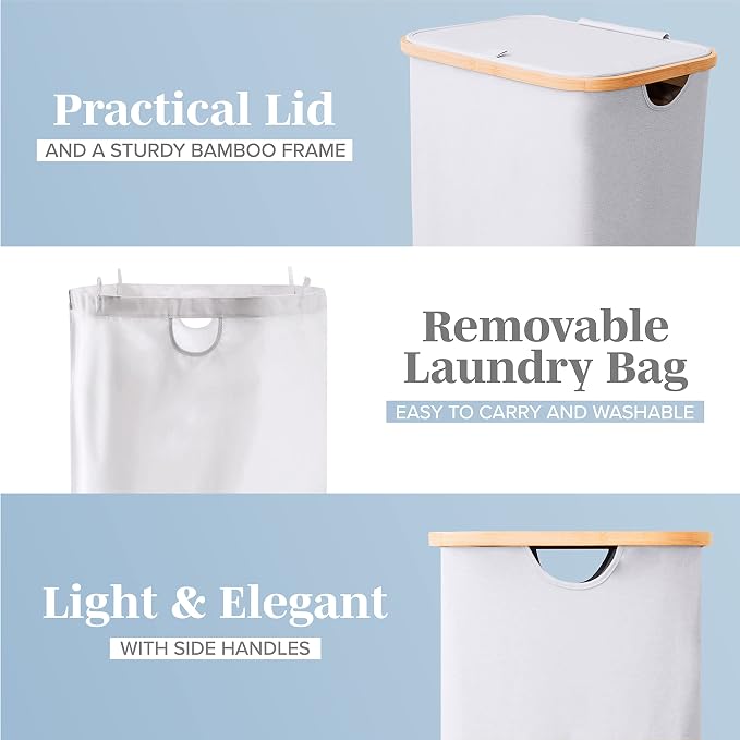 LONBET Laundry Basket with Lid, Made from Breathable Fabric | Aesthetic Clothes Hampers for Laundry with Side Handles & Sturdy Bamboo Frame (26 Gallons - Single, Light Gray) - Image 2
