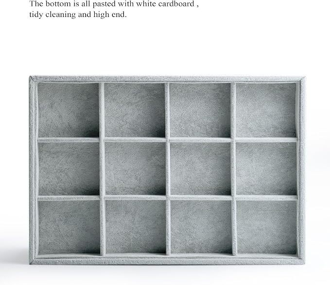 Oirlv Velvet Stackable Jewelry Display Trays 12 Grids Rings Earrings Bracelet Organizer Storage Tray(13.8"x1.29"x9.4") - Image 3