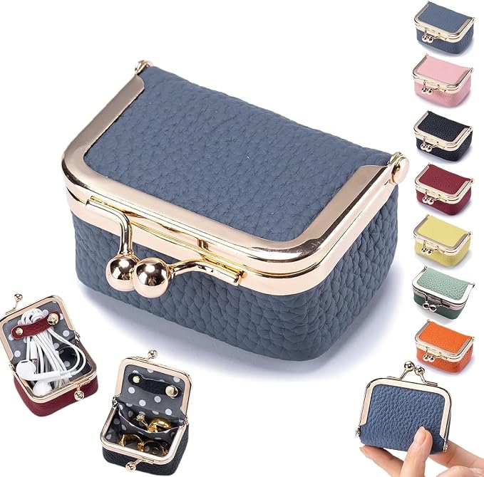 Genuine Leather Mini Jewelry Box & Vintage Wallet for Women - Compact Travel Coin Purse, Lipstick Storage Organizer, Retro Leather Clutch Case (Blue/Mini) - Image 4