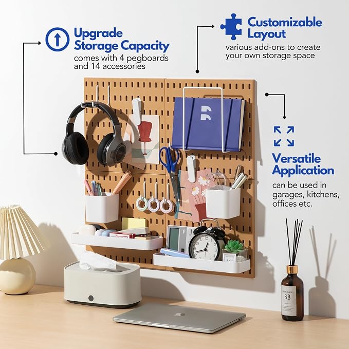 Keepo Peg Board Wall Organizer – Plastic Pegboard Panels, Modular Peg Board Storage System for Home Office, Craft Room, Gaming Setup (Tan Brown, 22″×22″) - Image 2