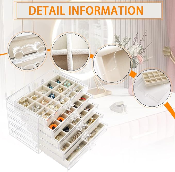 Watpot Acrylic Jewelry Box with 5 Drawers, Clear Earring Storage Organizer Display Case for Women Girls, Beige - Image 2