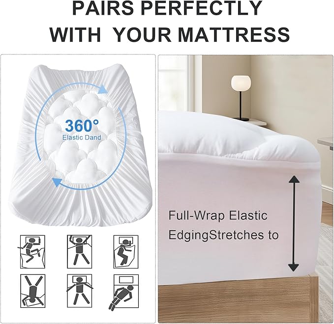 Queen Size Quilted Mattress Pad Pillow Top Mattress Cover Protector Cooling Soft for Breathable Padded Deep Pocket 8-21 Fitted Supportive，White