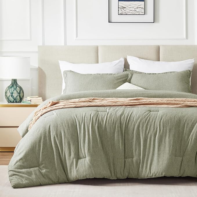 CozyLux Queen Size Comforter Set - 3 Pieces Olive Green Soft Luxury Cationic Dyeing Bedding Comforter for All Season, Breathable Lightweight Fluffy Boho Bed Sets with 1 Comforter and 2 Pillow Shams