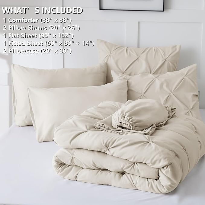 CozyLux Queen Comforter Set Beige, 7 Pieces Pintuck Bed in A Bag, Premium Beige Comforter Queen Size, Pinch Pleat Bedding Sets with Comforter, Sheets, Pillowcases & Shams