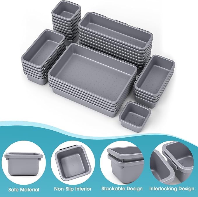 33 PCS Drawer Organizer Set, 4 Size Makeup Drawer Divider Organizer With Non-Slip Pads, Interlocking Plastic Storage Bins for Office,Jewelry Vanity,Gadgets, Bathroom,Kitchen, Grey - Image 3