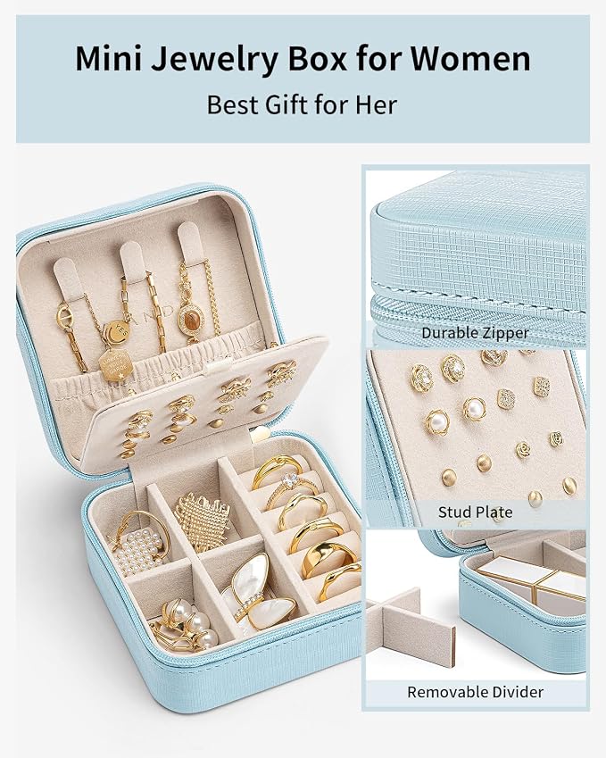 VLANDO Mothers Day Mom Gifts - Travel Jewelry Case, Small Travel Jewelry Organizer Box for Girls Women - Blue - Image 3