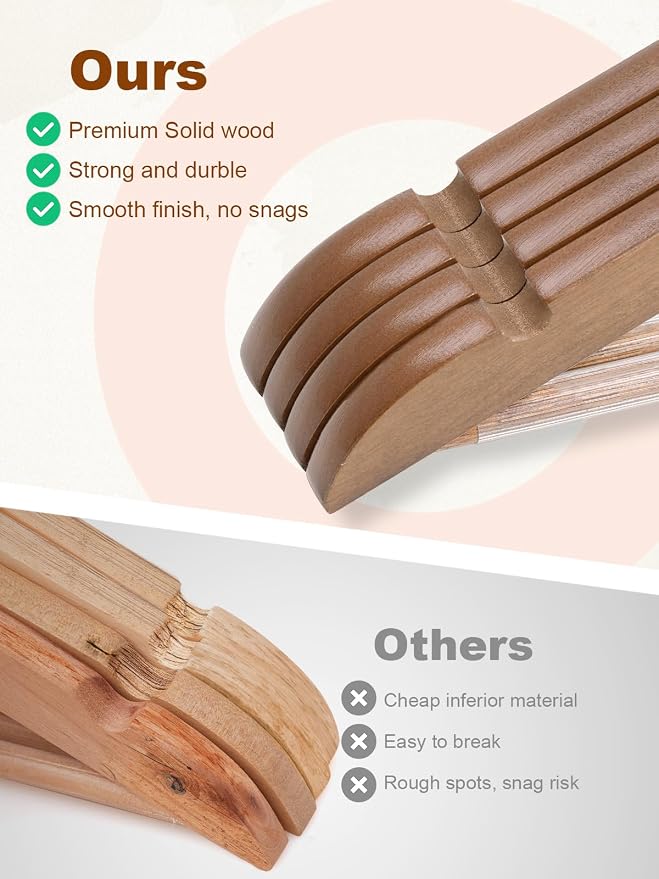 HOUSE DAY Walnut Wooden Hangers 30 Pack, Heavy Duty Wooden Coat Hanger for Closet, Solid Wood Hanger with Non Slip Pant Bar, Smooth Finish Wood Clothes Hangers for Shirts, Suits Jackets, Dress - Image 4