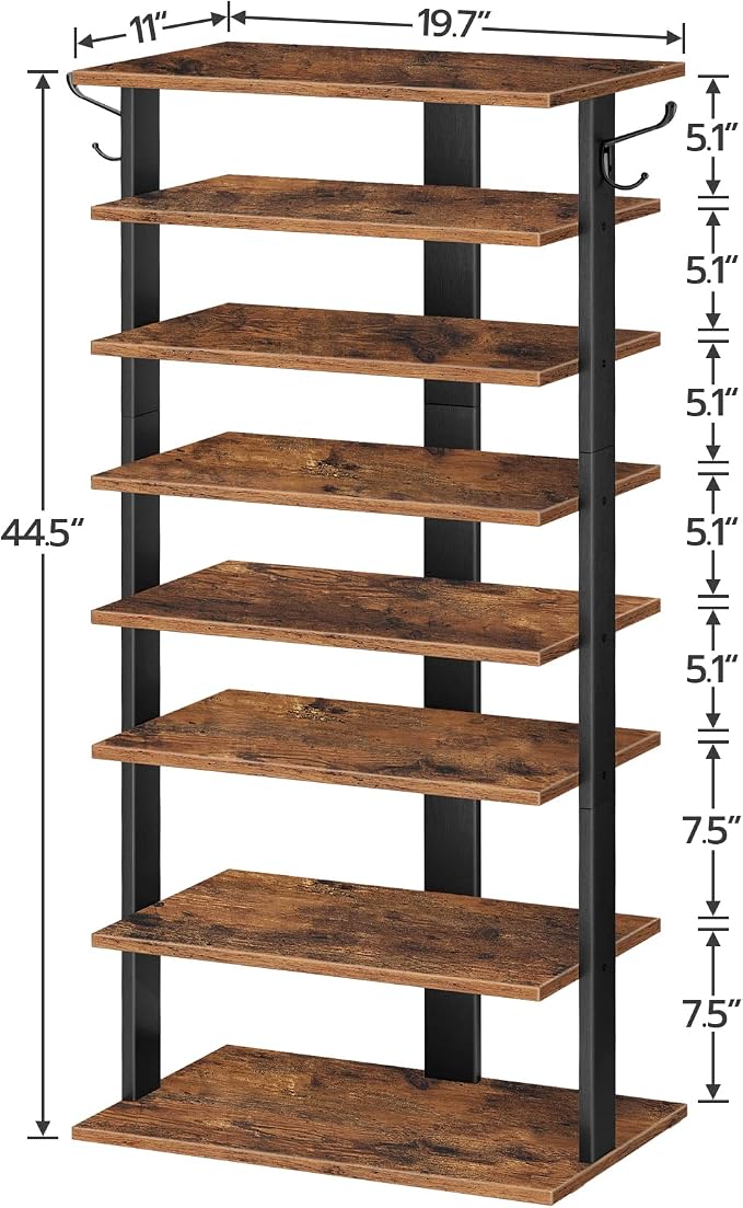 HOOBRO 8 Tiers Vertical Shoe Rack, Wooden Shoe Storage Organizer with Hooks, Narrow Shoe Tower for 16 Pairs, Space Saving, for Entryway, Living Room, Bedroom, Rustic Brown BF750XJ01 - Image 8