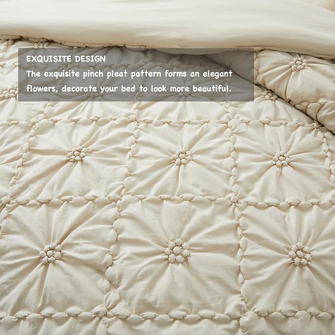 BEDAZZLED Queen Size Comforter Sets, Beige Bedding Comforter Set, 3 Pieces Pinch Pleat Bedding Sets with Comforter and Pillowcases Soft Farmhouse Shabby Chic Comforter for All Season