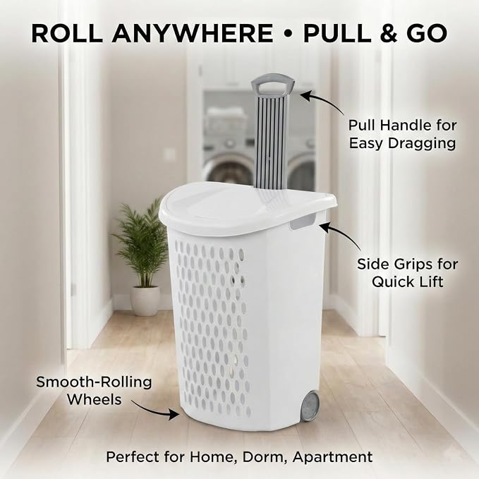 Wheeled Plastic Laundry Hamper,Ultra Wheeled Design Clothes Laundry Basket,Extra Large 135L Pull Handle & Side Grips Plastic Ventilated Clothes Basket for Home, Dorm, or Apartment - Image 3