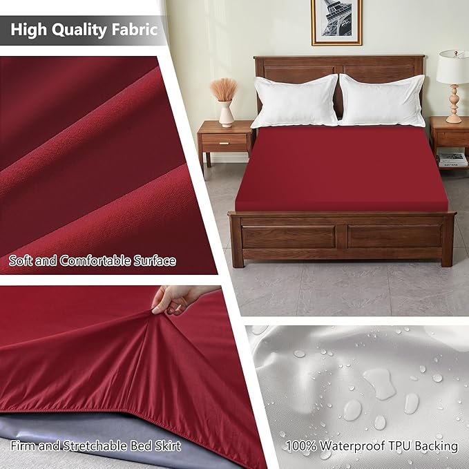 Twin Mattress Protector Waterproof, Breathable Mattress Cover Twin Size Bed, Noiseless Washable Fitted Sheet with Deep Pocket Up to 18", Machine Washable, WineRed (39'' X 75'')