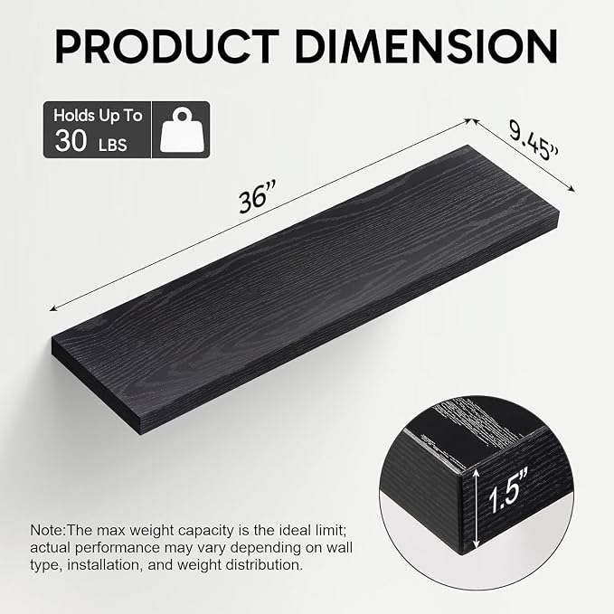 BAYKA Floating Shelves for Wall, 36 inches Long Wall Mounted Rustic Wood Shelves for Bathroom, Bedroom, Living Room, Kitchen, Office, Hanging Shelf for Books/Storage/Decor(Black,Set of 2) - Image 3