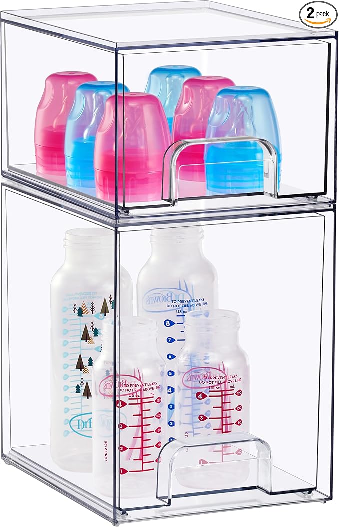 Sorbus Stackable Acrylic Storage Drawers, 2 Pack Clear Plastic Organizer Bins for Baby Bottles, Makeup, Bathroom, Vanity & Countertop Organization, Pull-Out Drawer Design for Cabinets & Pantry by Sorbus