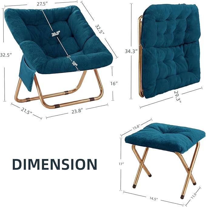 Kasunpul Comfy Saucer Chair, Foldable Living Room Chairs, Soft Faux Fur Lounge Chair for Bedroom, Reading Chairs for Adults, Teens, X-Large (Teal Blue)