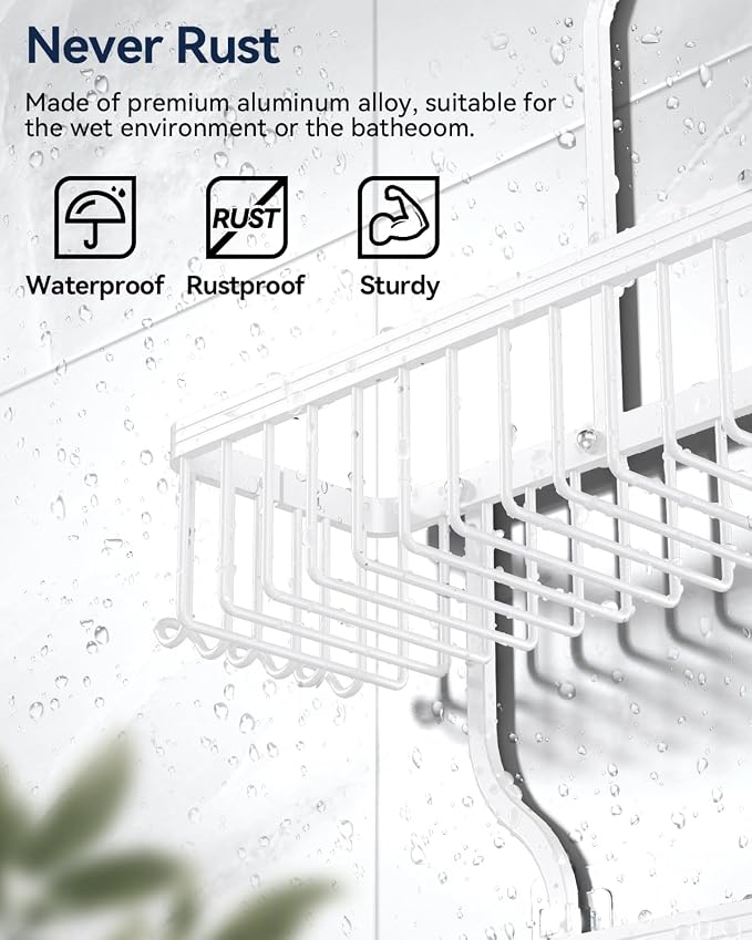 YASONIC Never-Rust Aluminum Hanging Shower Caddy – Over-the-Showerhead Organizer with 10 Hooks for Razor and Sponge – Includes Soap Basket – White - Image 3