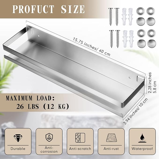 Lallisa 2 Pieces Stainless Steel Shelf Bathroom Shower Floating Shelves Wall Mounted Shower Caddy Basket Shelf Storage Organizer Shelves for Bathroom, Kitchen, Living Room(15.75 Inch/ 40 cm,Silver) - Image 3