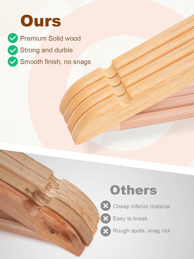 HOUSE DAY Bulk Wooden Hangers 80 Pack, Solid Wood Hanger with Non Slip Pant Bar, Heavy Duty Wooden Coat Hanger for Closet, Smooth Finish Wood Clothes Hangers for Shirts, Suits Jackets, Dress, Natural - Image 3