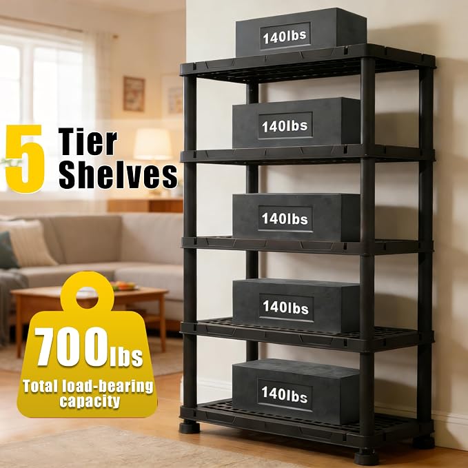 72”H Plastic Garage Storage Shelves,5-Tier Heavy Duty Plastic Shelving,700LBS Plastic Shelving Units Free Standing,for Home,Garage,Basement, Laundry,Black,16.93" Dx35.43 Wx72.44 H - Image 6
