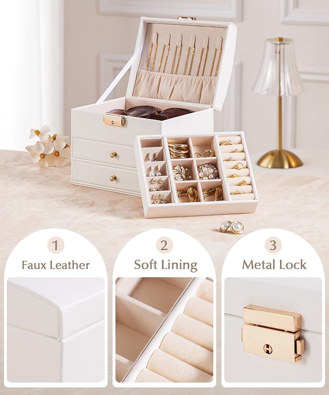 Homde Mothers Day Gifts Small Girls Jewelry Box with Lock: 3 Layer Organizer with Removable Tray - Storage for Ring Necklace Earring - Birthday & Return Gifts for Young Women (Cloud White) - Image 6