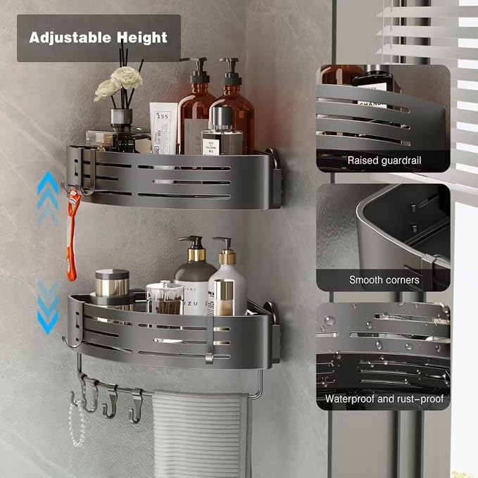 Voldra Corner Shower Caddy Suction Cup, 1 Pack Corner Shower Shelves No Drilling, Aluminum Upgrade Suction Cup Shower Organizer Corner with Towel Bar & Hooks Removable Bathroom Storage Rack(Gray) - Image 2