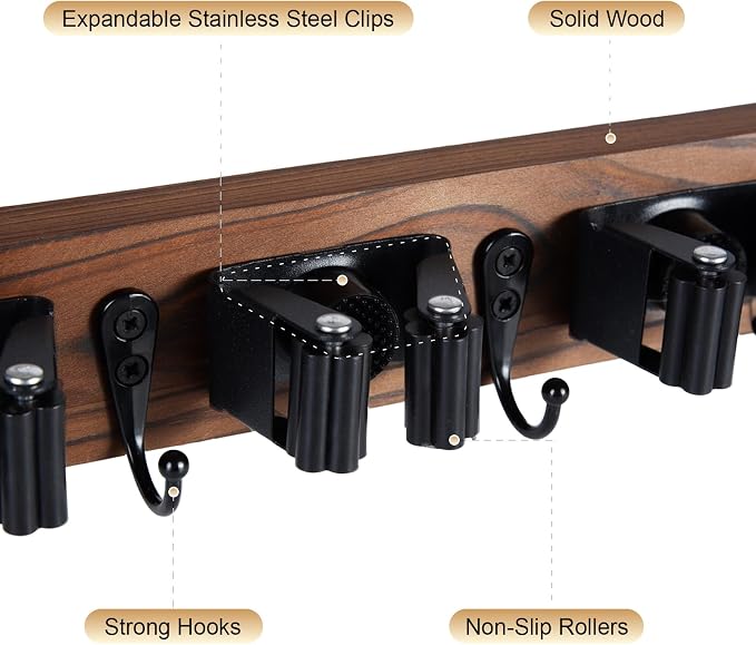 FunCee Broom Holder Wall Mount With 5 Slots & 4 Hooks，Rustic Wood Broom & Mop Hanger，Wall Mounted Garden & Garage Tool Storage Organizer Rack for Closet Laundry Room or Kitchen Wall Decor - Image 5