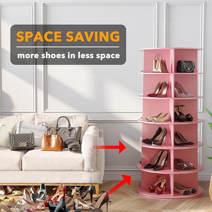 SpaceAid 6 Tier Rotating Shoe Rack Tower, Spinning Shoe Display Lazy Susan, Revolving 360 Shoe Rack Storage Round Carousel, Vertical Handbag Rotate Shoes Closet Organization (6-Tier Pink) - Image 3