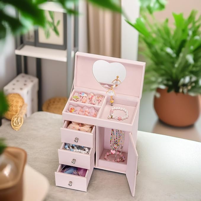 Vlando Musical Jewelry Box with Spinning Ballerina, Girls’ Jewelry Organizer for Necklaces Rings and Hair Accessories, Gift for Girls and Kids, Barely Pink - Image 4