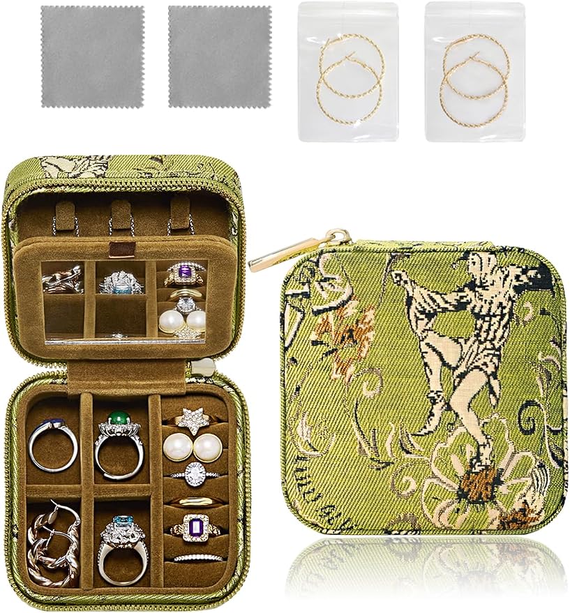 Small Travel Jewelry Box for Women - Mini Personalized Jewellery Organizer with Mirror|Cute Portable Jewelry Case Necklace Earring Ring Compact Storage Holder Birthday Gifts for Mom Bridesmaid (Green) by Unknown