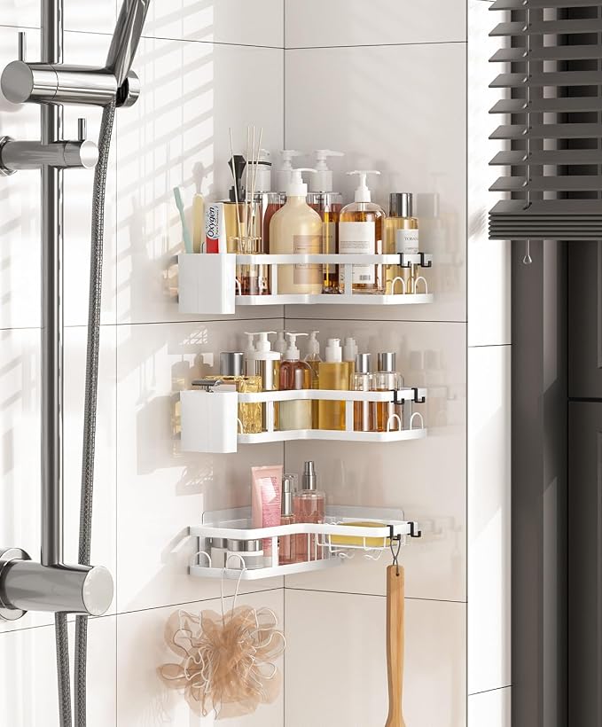 3 Pack Corner Shower Caddy Organizer, Rustproof Corner Shower Shelves, No Drilling Bathroom Corner Shelf with Hooks and Toothpaste Holder - Image 7