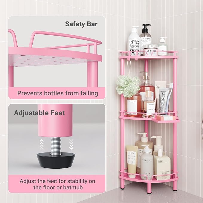 ELYKEN Corner Shower Caddy Standing, 3 Tier Rustproof Metal Shower Organizer with Soap Holder, Floor Shower Corner Shelf Rack Storage Stands with Adjustable Feet & 2 Hooks for Bathroom, Pink - Image 5