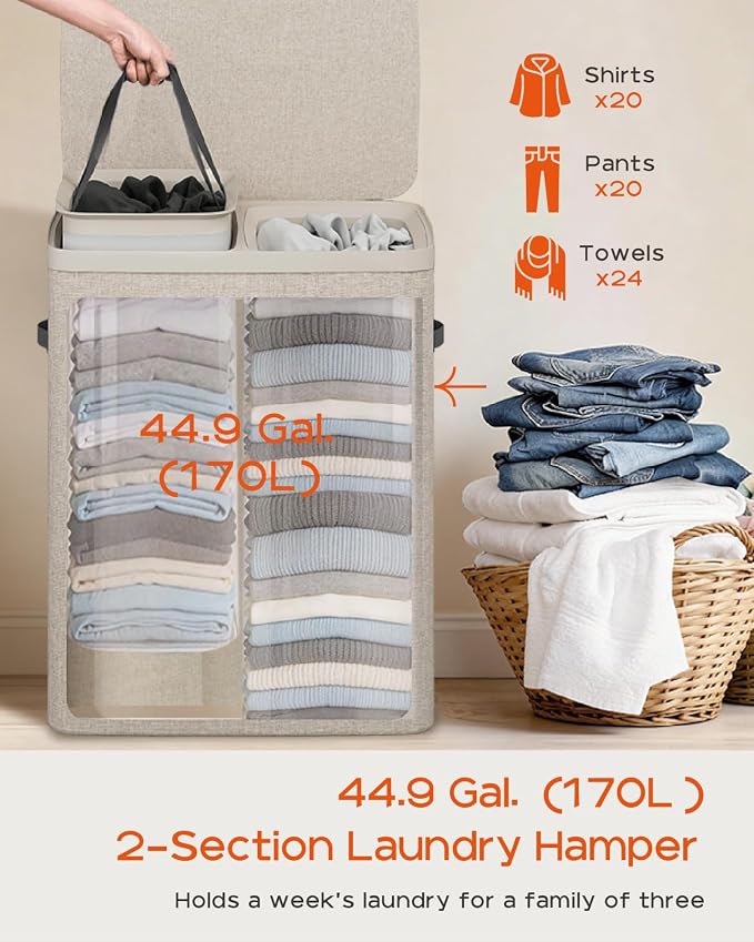 CASAMAYA Laundry Basket with Lid, Laundry Hamper 2 Section, 170L collapsible Laundry Organizer, Easy Assembly, with Handles and Removable Liners, 22 x 15.7 x 29.5 Inches, Beige JSP903M - Image 3