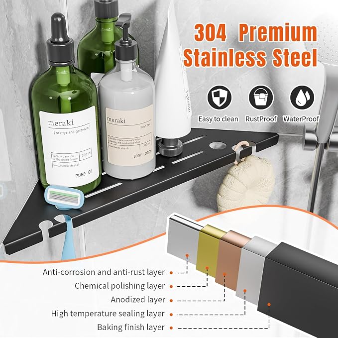 Permanent Tile-in Corner Shower Shelves with Hooks, Modern 304 Stainless Steel Shower Caddy for Bathroom Renovation & Hotel, Heavy Duty No-Drill Grout Mount Organizer for Tile Wall,10", 2 Pack - Image 4
