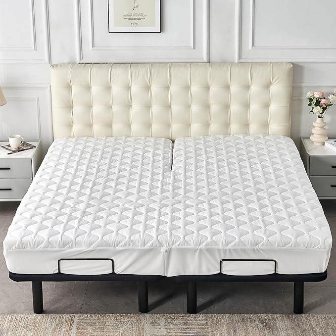 Kingnex Waterproof Quilted Half Split Top King Mattress Protector Pad for Adjustable Bed with Upper Flex 36-39 from Head Soft Padded Topper Noiseless Fitted Cover