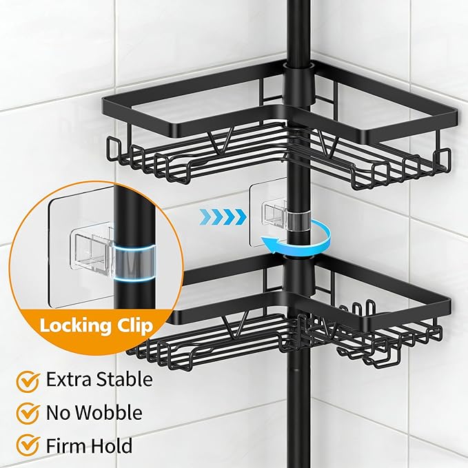 KEGII Black Shower Caddy Tension Pole with 2 Towel Bars, Adjustable Corner Bathroom Organizer, Rustproof Bathtub Storage Shelves for Shampoo, 25–114.2 Inch Shower Corner Rack for Renters & Family - Image 3