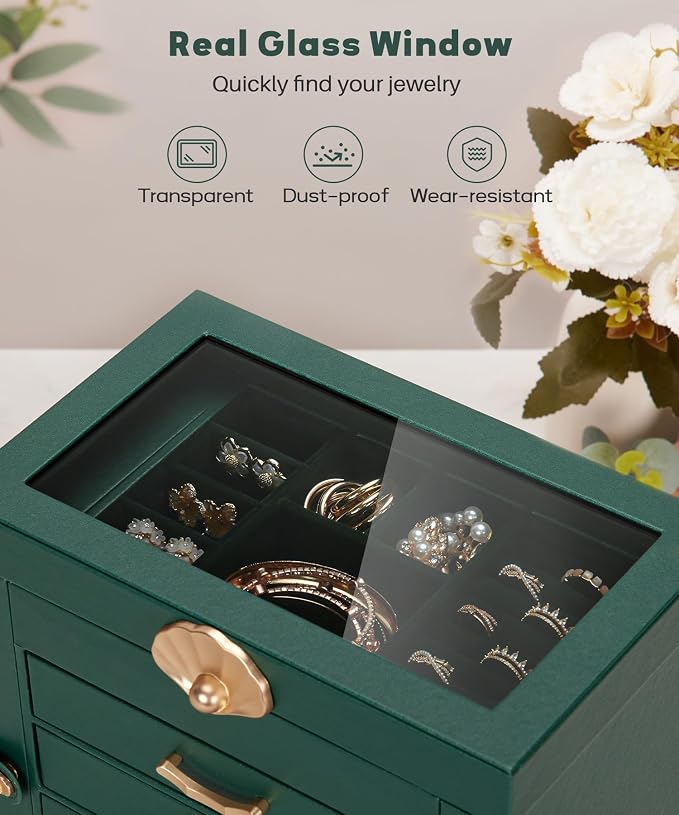 Enthralite Jewelry Box with 3 Drawers: Display Organizer for Earrings Necklaces - Gifts for Girls Women (Forest Green) - Image 9