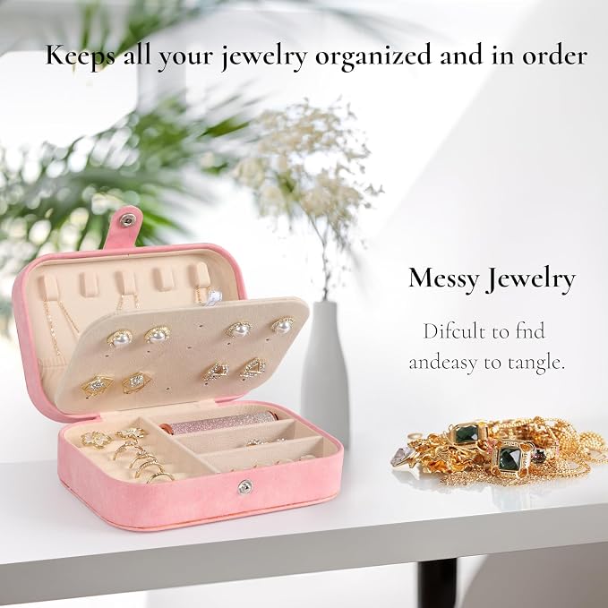 Hatori Travel Jewelry Box, PU Leather Small Jewelry Organizer for Women Girls, Portable Mini Travel Case Display Storage Holder Boxes for Stud Earrings, Rings, Necklaces, Bracelets (Pink Beige) - Image 5