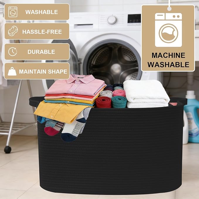 Large Blanket Basket,Woven Rope Basket Storage Bin with Handles,65L Rectangle Laundry Basket for Magazines,Toys,Clothes,Newspaper Shelf Organization,Nursery and Living Room,Black - Image 7