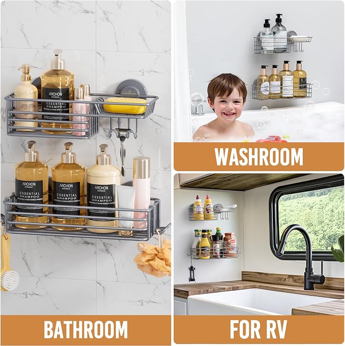 LEVERLOC Shower Caddy Suction Cup, 2 Pack Shelves for Inside with Hooks and Soap Organizer, NO-Drilling Bathroom Shelves, Rustproof Meatl Bathroom Holder, Grey - Image 5