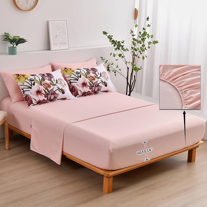 Luxudecor Floral Comforter Set King Size 7 Piece, Blush Flower Bed in a Bag, Elegant Floral Comforter with Sheet Set, Soft Microfiber Bedding Set for All Season (Blush, 104"x90")