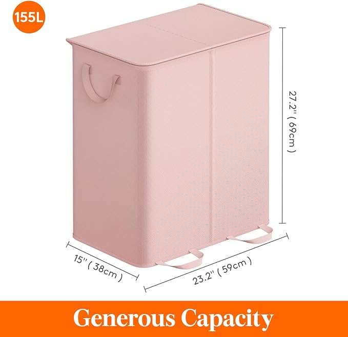 Lifewit Double Laundry Hamper with Lid and Removable Laundry Bags, Large Collapsible 2 Dividers Dirty Clothes Basket with Handles for Bedroom Laundry Room Closet Bathroom College, 155L Pink - Image 5