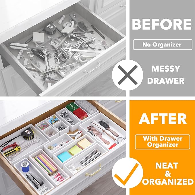 SpaceAid 14-Piece Bamboo Drawer Organizer Storage Boxes Set, Wood Tray Junk Drawer Organizers Multi-Use Divider Bins for Kitchen, Bathroom, Office Desk and Makeup Organization (14 Pack, White) - Image 2