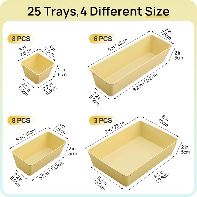 Vtopmart 25 PCS Plastic Drawer Organizers Set, 4-Size Versatile Bathroom and Vanity Drawer Organizer Trays, Storage Bins for Makeup, Bedroom, Kitchen Gadgets Utensils and Office - Image 2