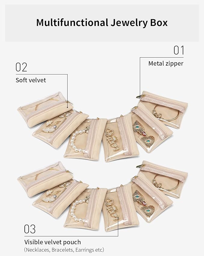 VLANDO Jewelry Travel Case,Travel Jewelry Organizer with Clear Velvet Jewelry Bags Zipper Pouch for Women Girl Gift 12Pcs Bag - Image 4