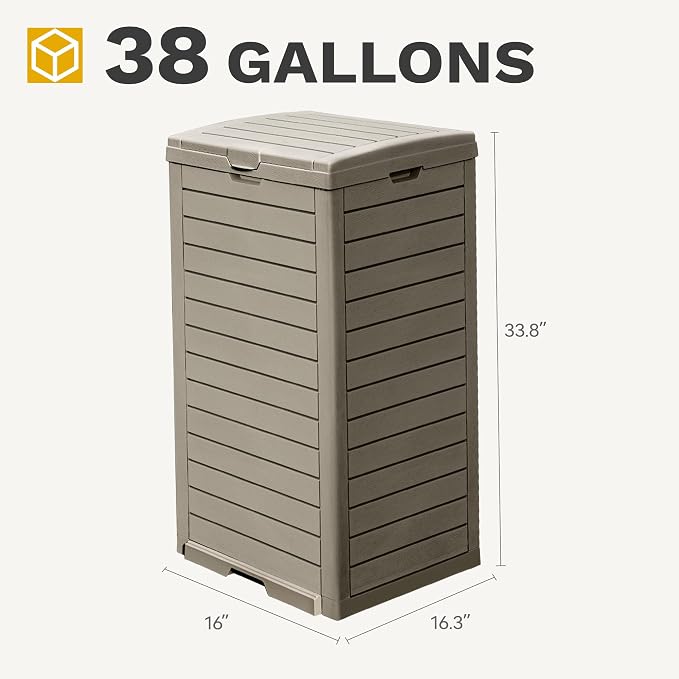DWVO 38 Gallon Large Outdoor Trash Can, 2-Pack Waterproof Resin Hideaway Garbage Bin with Lid and Drip Tray, Outside Trash Bin for Porch, Backyard, Deck, Patio, Poolside, Easy to Clean, Taupe - Image 9