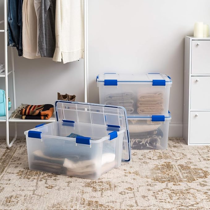 IRIS USA WeatherPro 60 Qt Storage Bins with Lids, 3 Pack, BPA-Free Plastic Gasket Box with Tight Latch and Seal, Stackable Nestable Tote Tub - Clear/Blue - Image 4