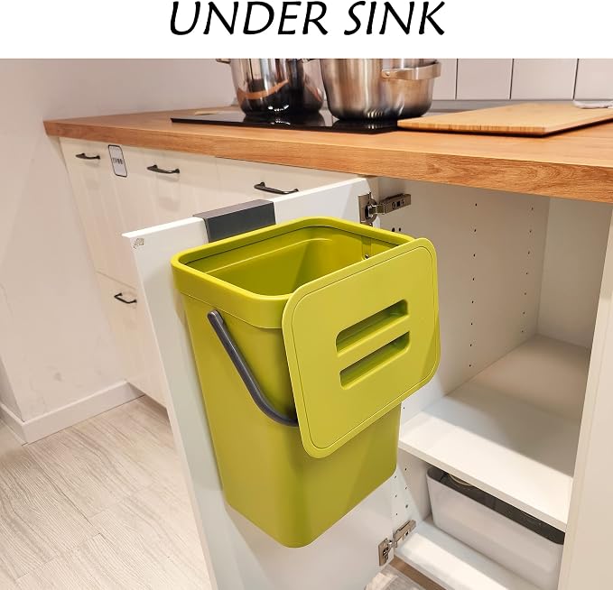 stonespace Small Trash Can with Lid，Mountable Indoor Compost Bucket, Hanging Trash Can with Lid for Cupboard/Bathroom/Bedroom/Office/Camping, 3.2 Gallon/12L Green - Image 3