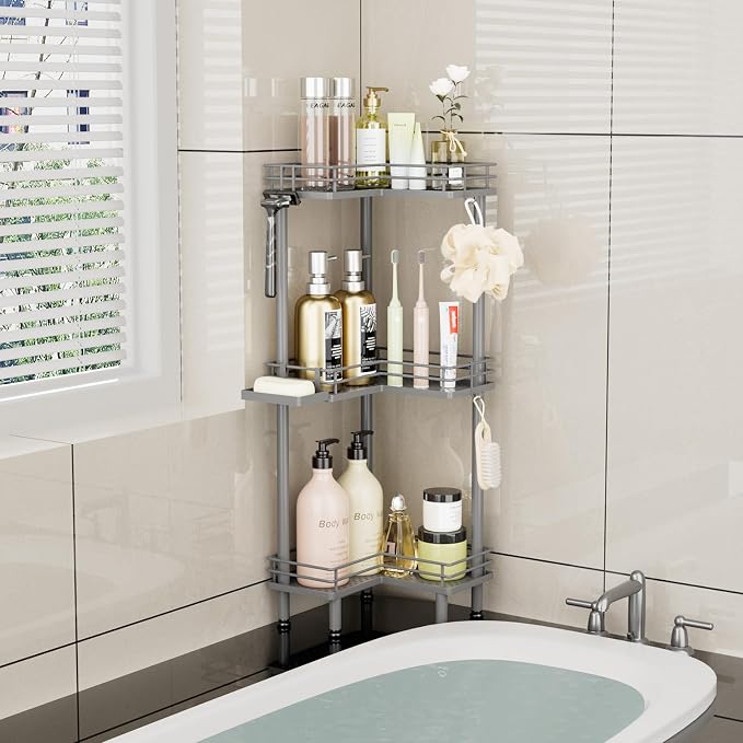 Consumest Corner Shower Caddy Standing - 3-Tier Stainless Steel Shower Organizer with Soap Holder and 4 Hooks, Large Capacity Corner Shelf Stand for Bathroom, Rest Room, Grey - Image 7