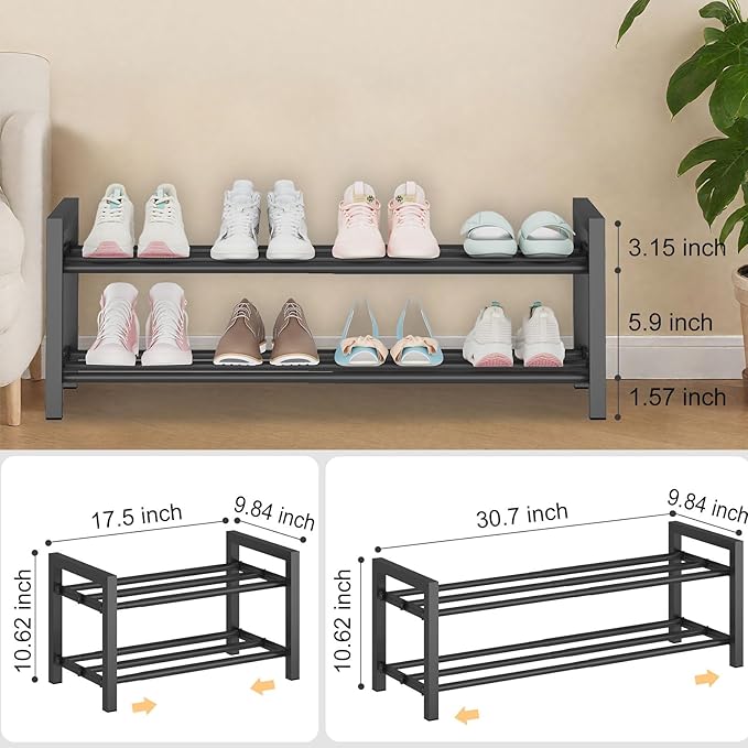 Detsuk 2-Tier Expandable Shoe Rack (17.5"-30.7") – Adjustable Heavy-Duty Metal Shoe Organizer Shelf for Closet, Entryway, Mudroom & Garage – Durable Freestanding Storage, Black - Image 3
